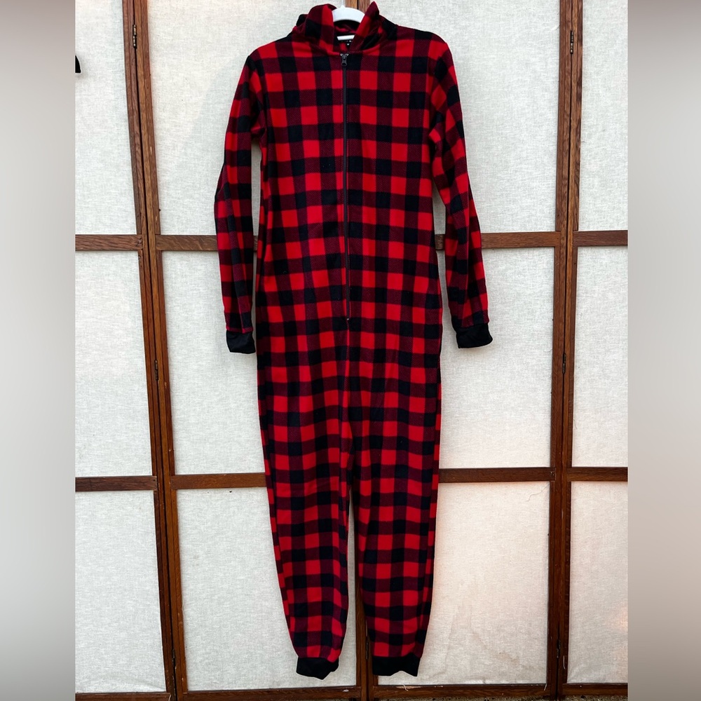 Just Love Red and Black Buffalo Checkered Fleece Men’s Pajamas Onesie - Small